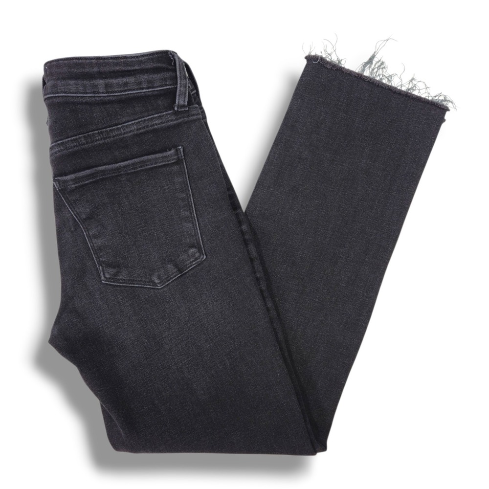 Evereve Ever Straight Jeans Mid‎ Rise Ankle Crop Raw Hem Black Stretch Denim 26